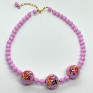 Vtg W Germany Small Pink Bead & Large Painted Flower Floral Necklace 15”+ 2.5”